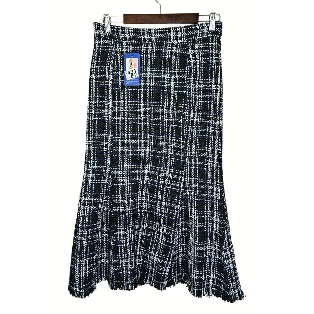 Plaid‎ Tartan Tweed Maxi Skirt Black Blue White Fringe Hem Lined Academic Sz M L